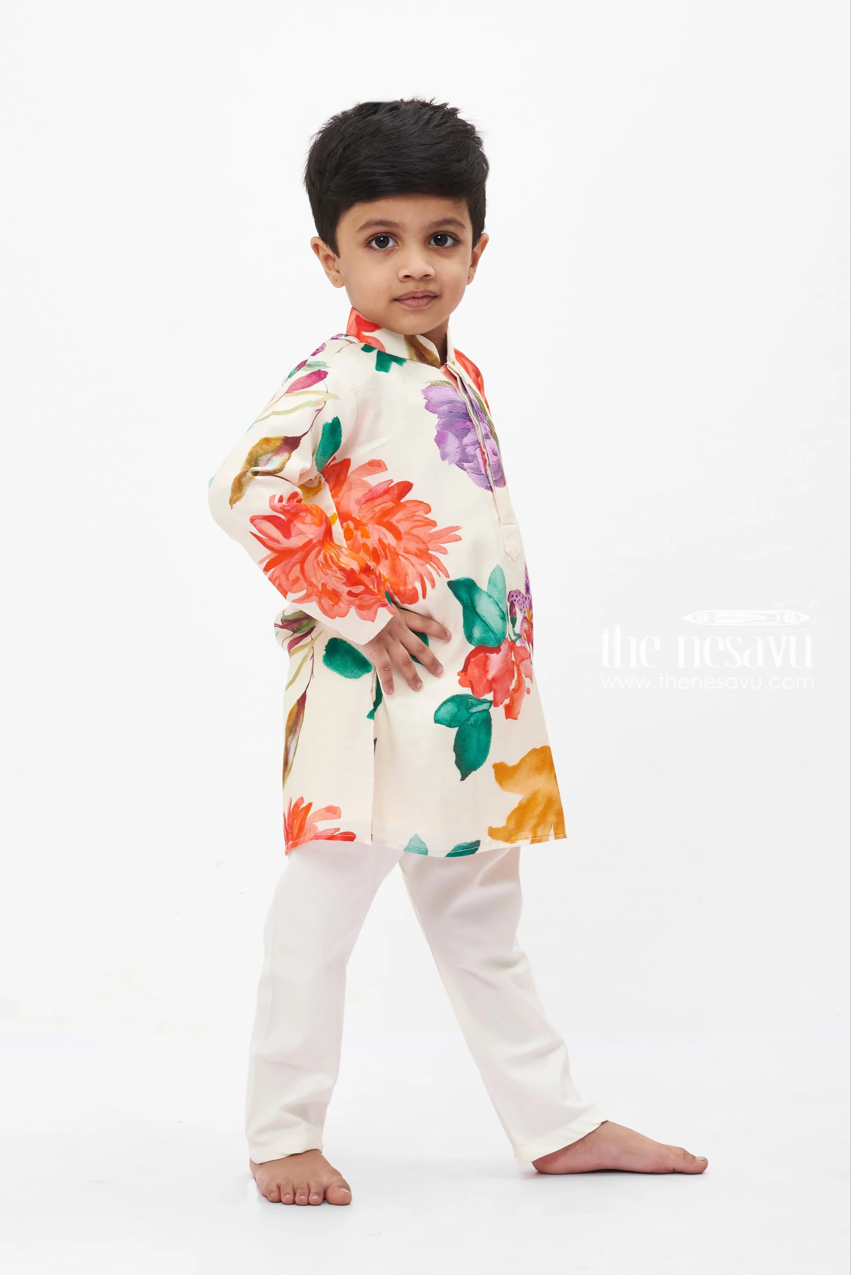 Boys' Vibrant Floral Ethnic Kurta with White Pants Set