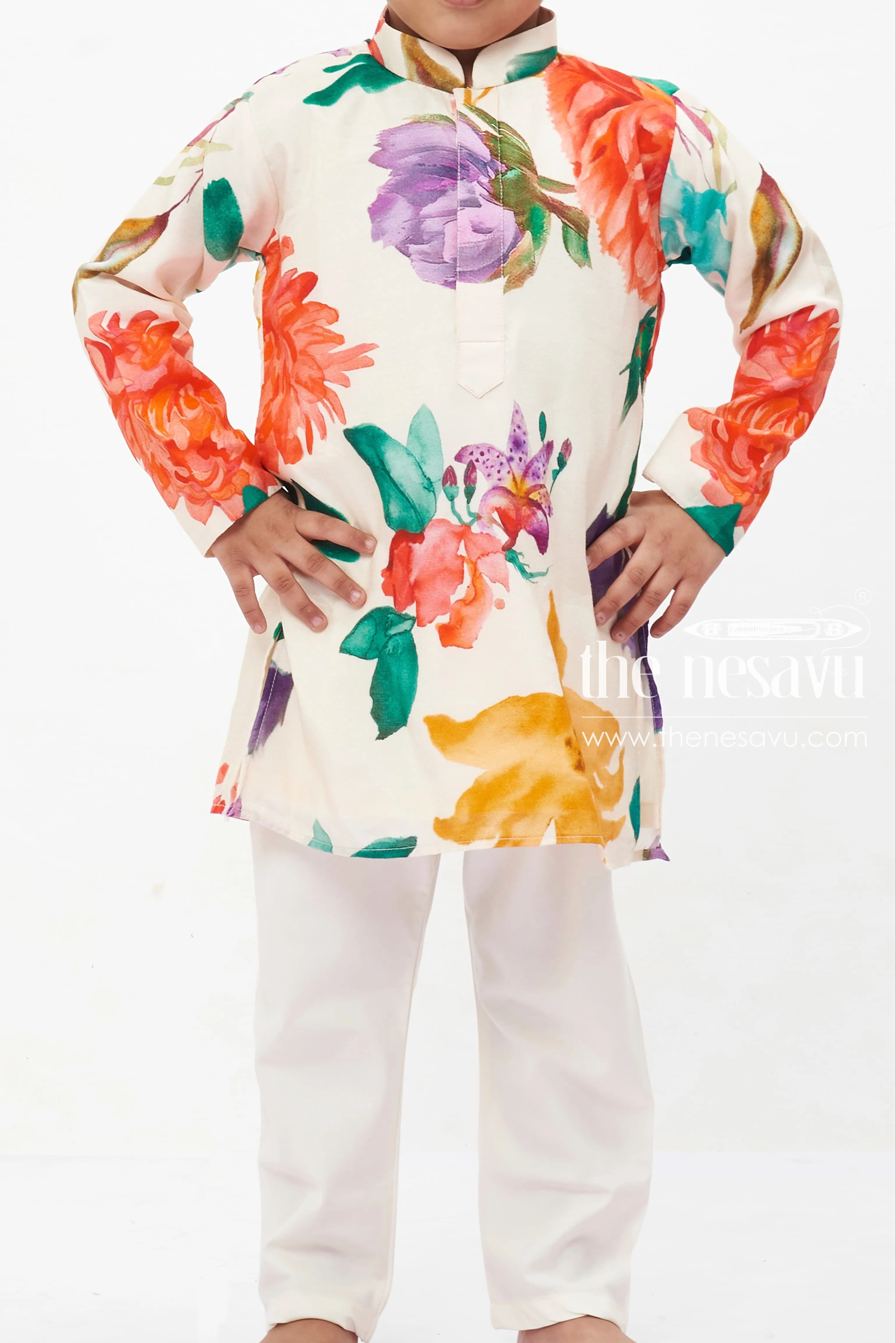 Boys' Vibrant Floral Ethnic Kurta with White Pants Set