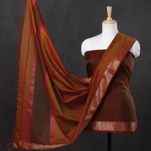 Brown - 2pc Maheshwari Silk Handloom Suit Material Set with Zari Border