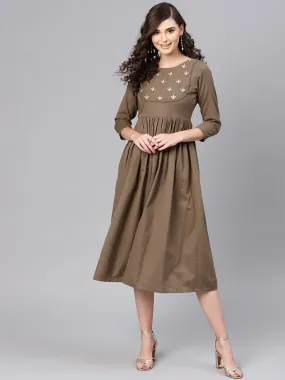 Brown Yoke Embroidered Gathered Dress