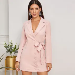 Button Through Tie Side Wrap Blazer Dress