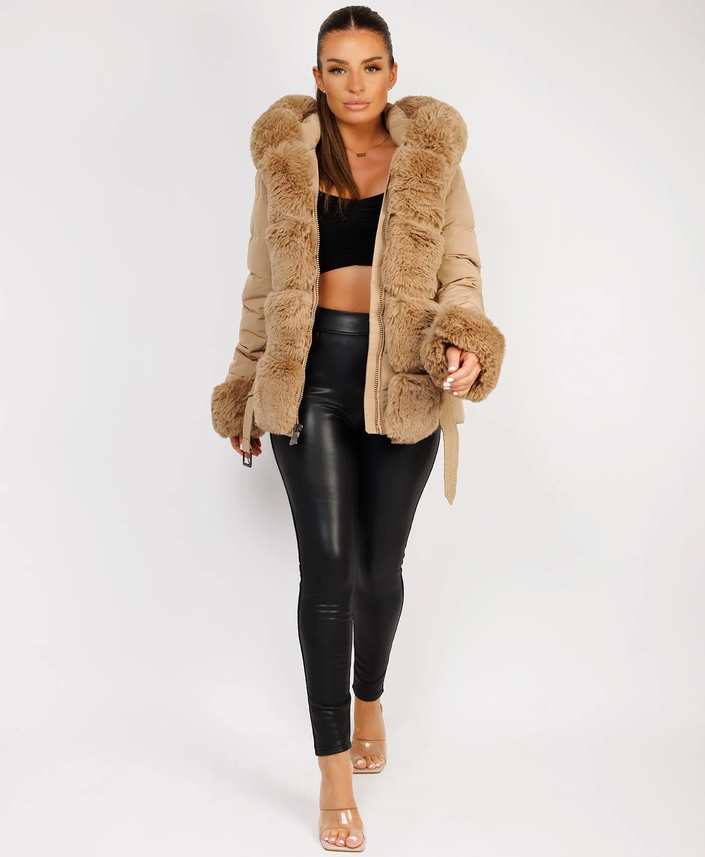 Camel Premium Faux Fur Trim Padded Parka Coat