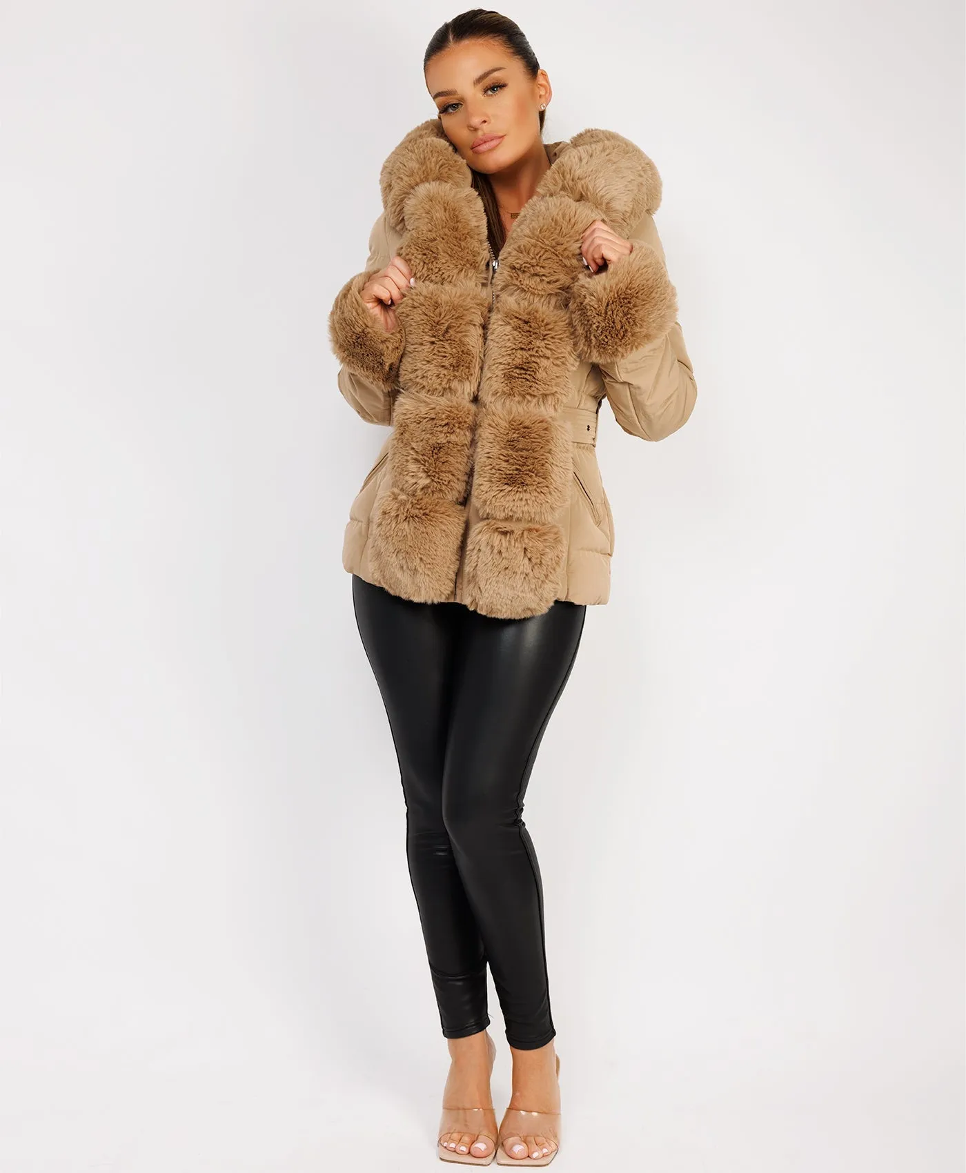 Camel Premium Faux Fur Trim Padded Parka Coat