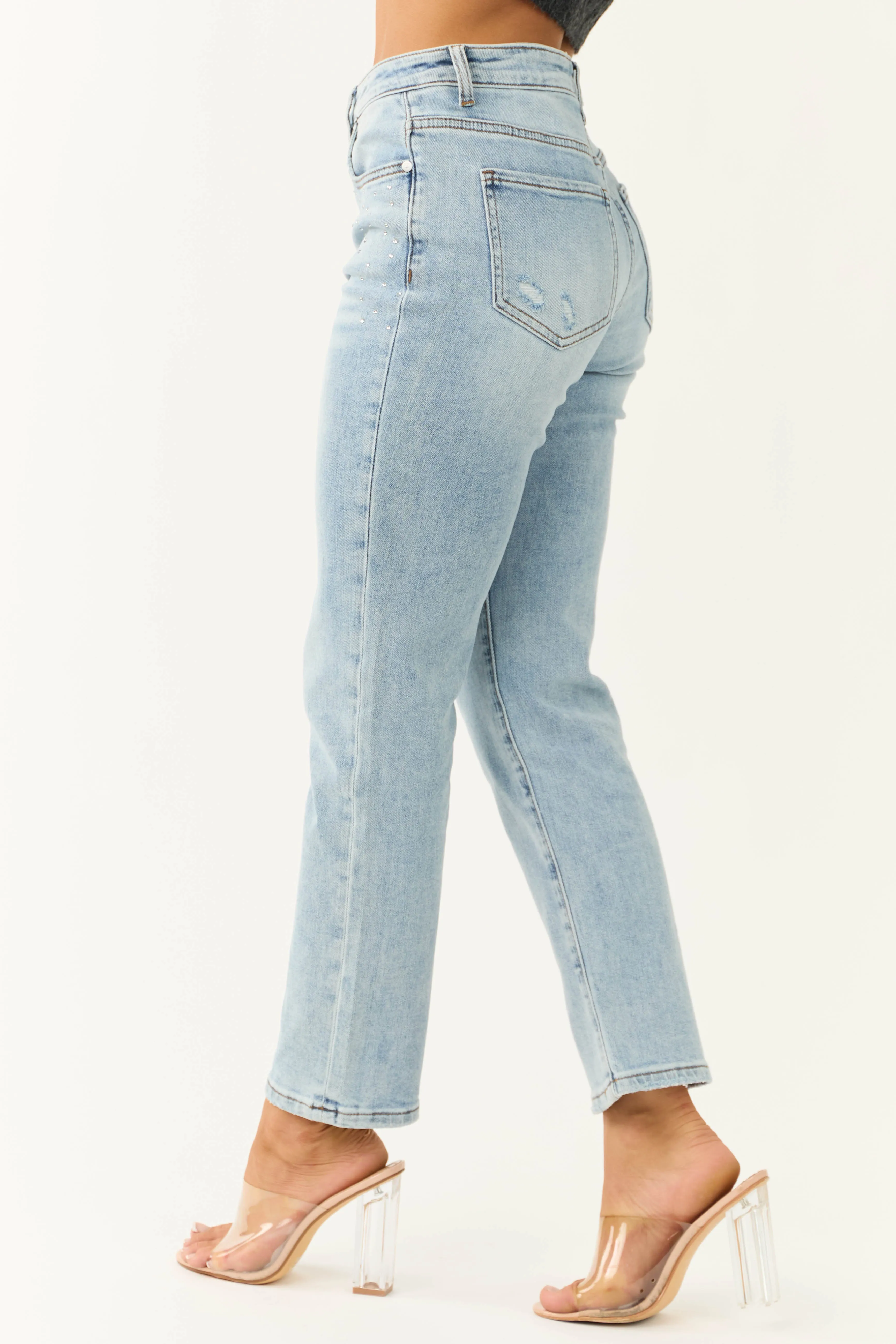 Ceros Light Wash High Rise Rhinestone Detail Ankle Jeans