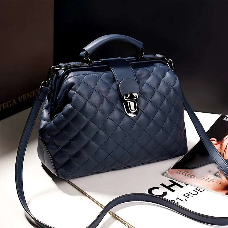 Chic Women's Fashion Handbag - Simple Autumn & Winter Diamond Quilted Crossbody Bag with Detachable Strap, Kiss Lock Closure, Polyester Lining, PU Material in Black, Blue, White, Burgundy; Care Instructions: See Label