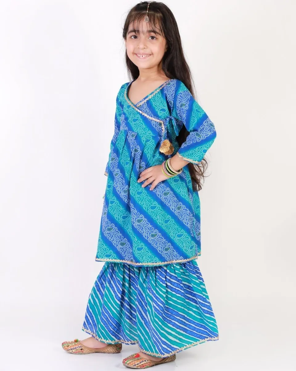 Classic Blue Lehariya Girls Anarkali Sharara Set