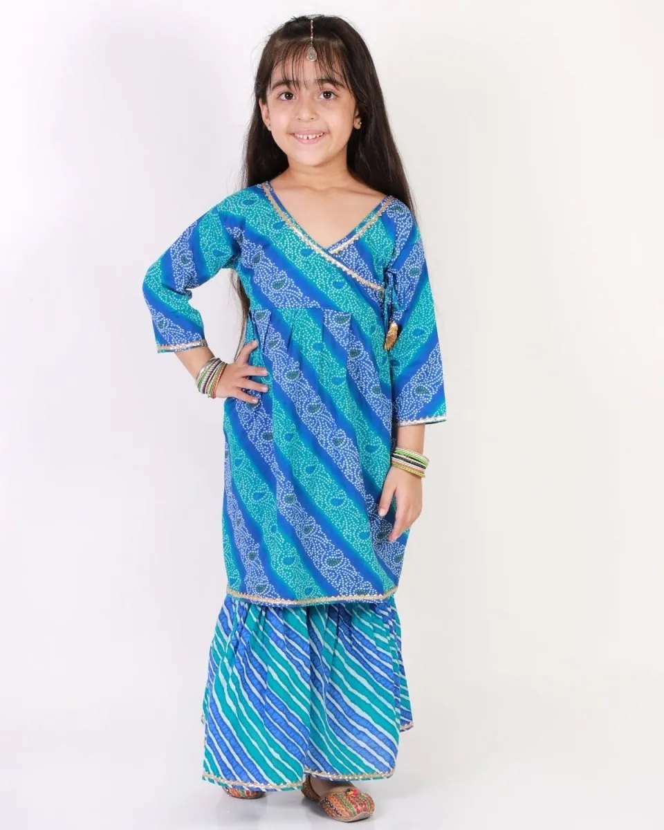 Classic Blue Lehariya Girls Anarkali Sharara Set