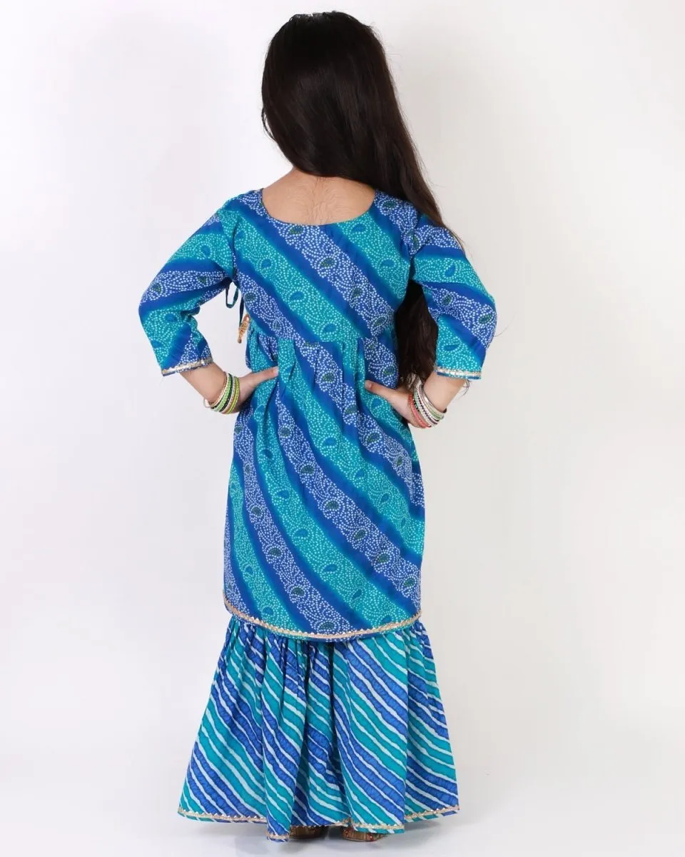 Classic Blue Lehariya Girls Anarkali Sharara Set