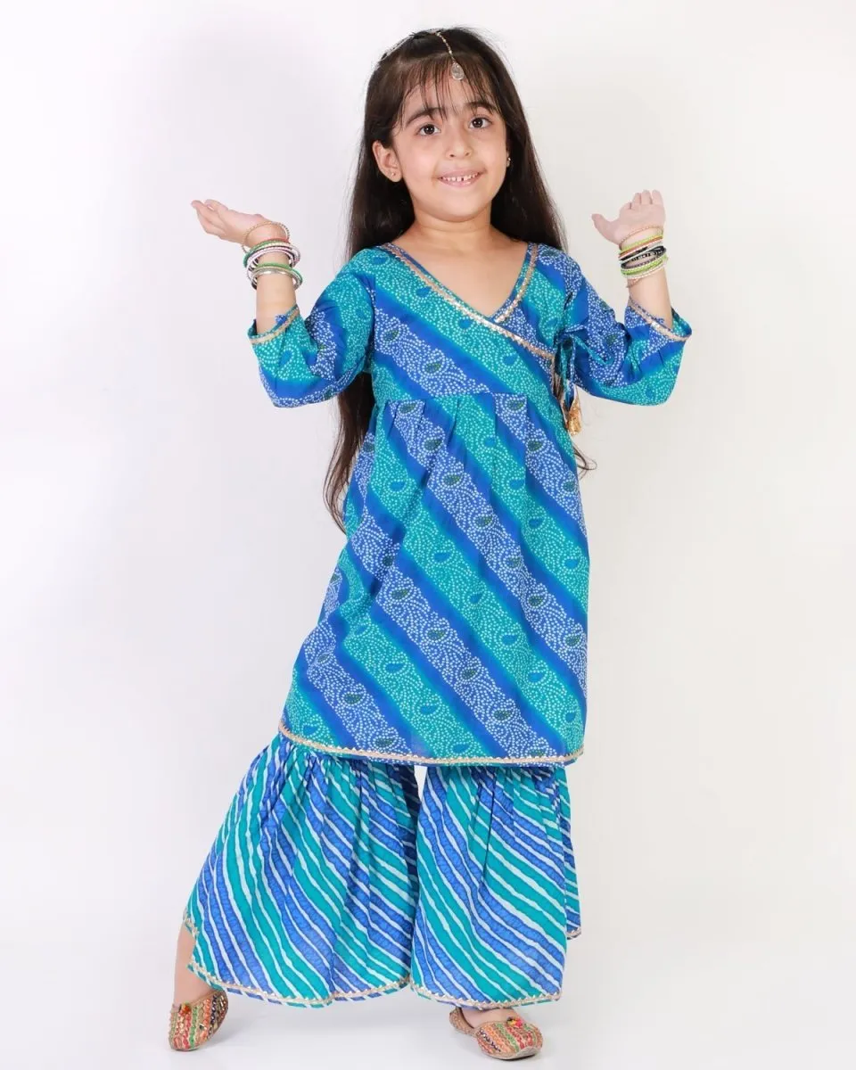 Classic Blue Lehariya Girls Anarkali Sharara Set