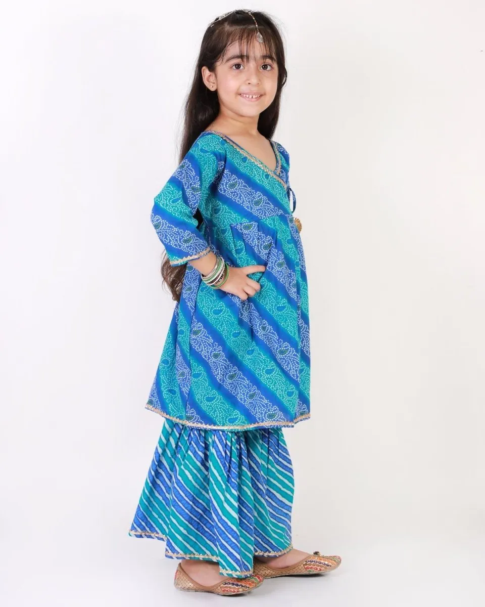 Classic Blue Lehariya Girls Anarkali Sharara Set