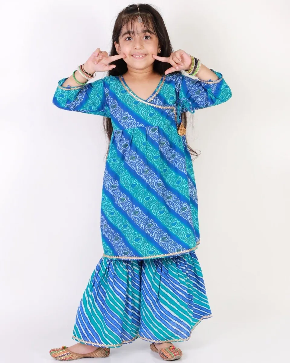 Classic Blue Lehariya Girls Anarkali Sharara Set