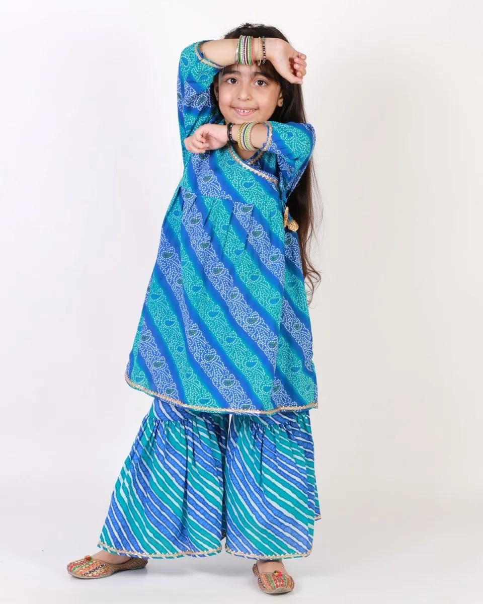 Classic Blue Lehariya Girls Anarkali Sharara Set