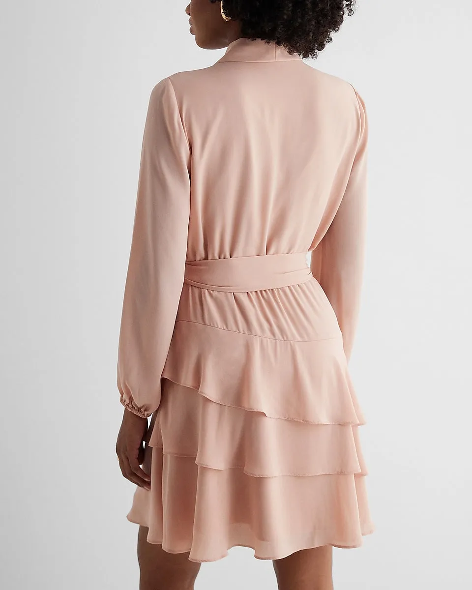 Collared Long Sleeve Tie Waist Tiered Mini Dress in Ballet Pink