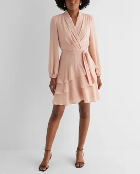 Collared Long Sleeve Tie Waist Tiered Mini Dress in Ballet Pink