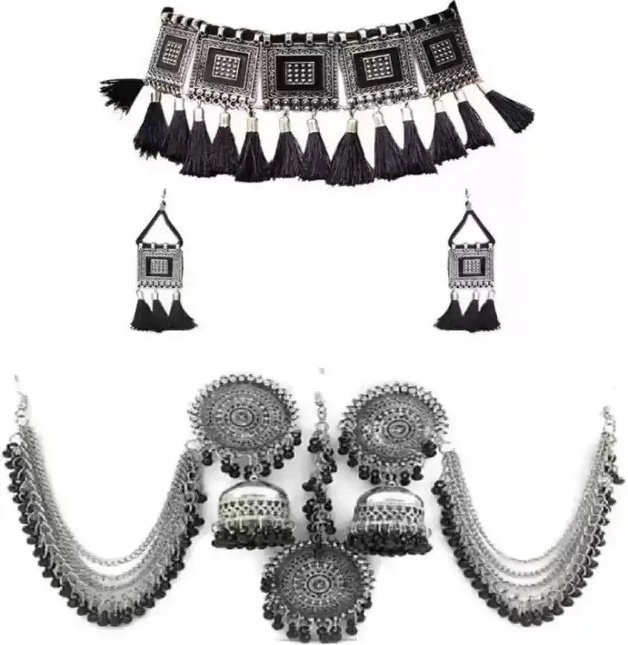 Combo Of 2 Silver-Plated Stone Studded & Beaded Jewellery Set