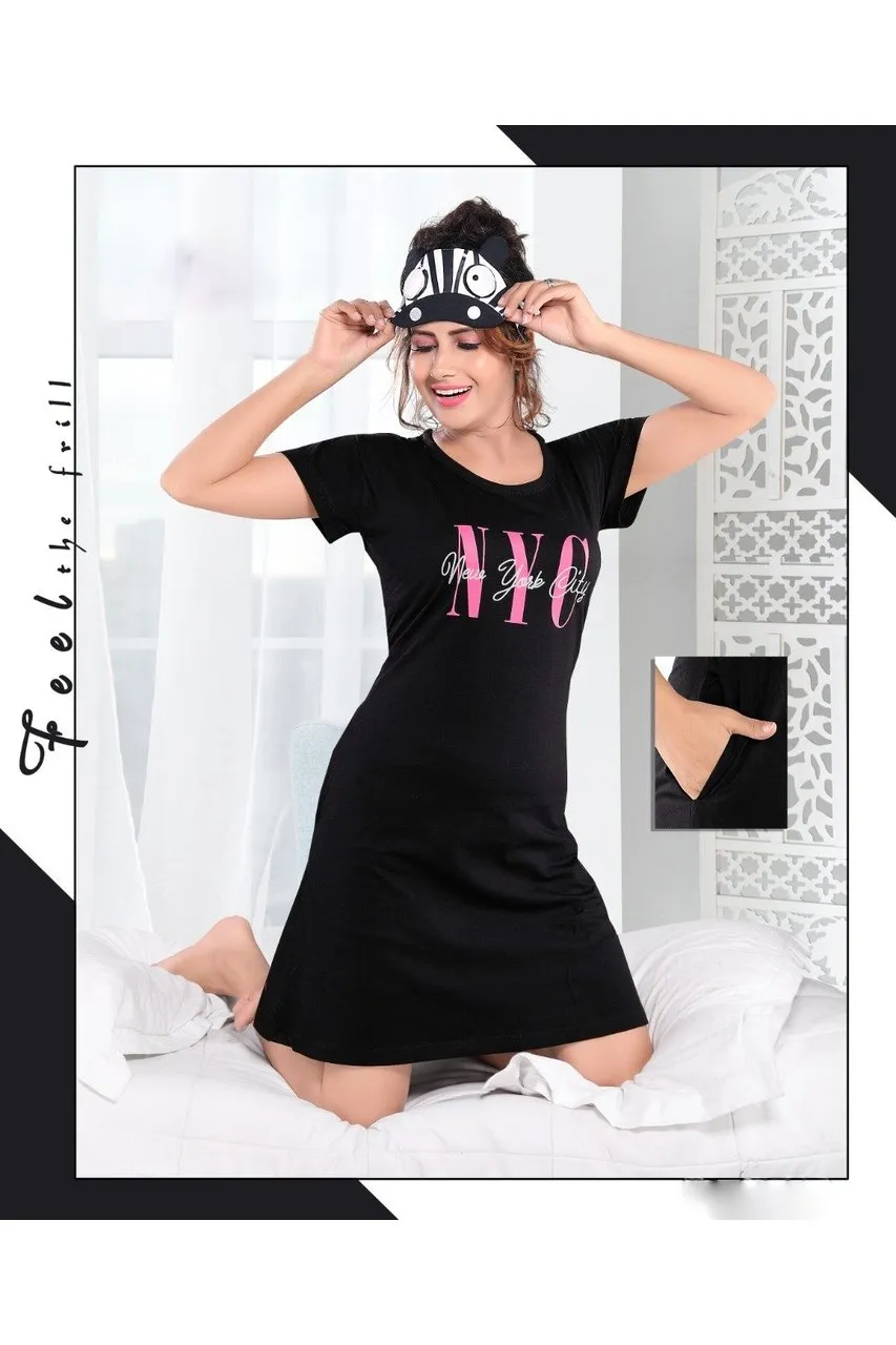 Cotton Night wear Short Nighty with Pockets Black