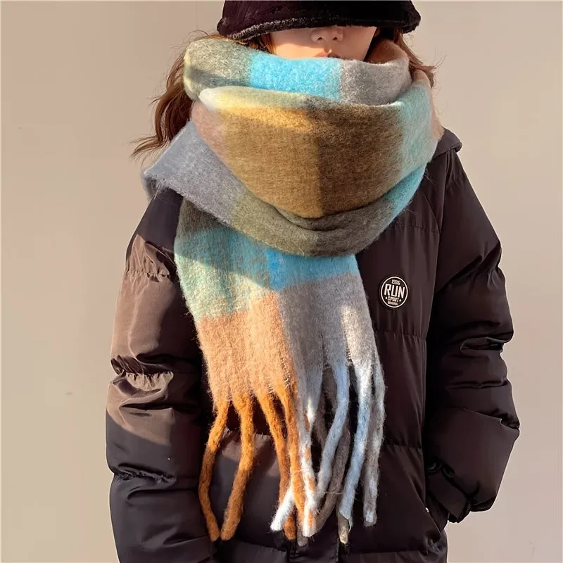 Cozy Rainbow Plaid Scarf For Women - Thick Imitation Cashmere Shawl With Tassels, Windproof & Warm, Perfect For Fall/Winter