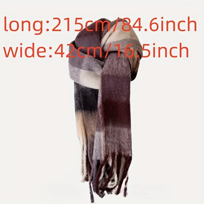 Cozy Rainbow Plaid Scarf For Women - Thick Imitation Cashmere Shawl With Tassels, Windproof & Warm, Perfect For Fall/Winter