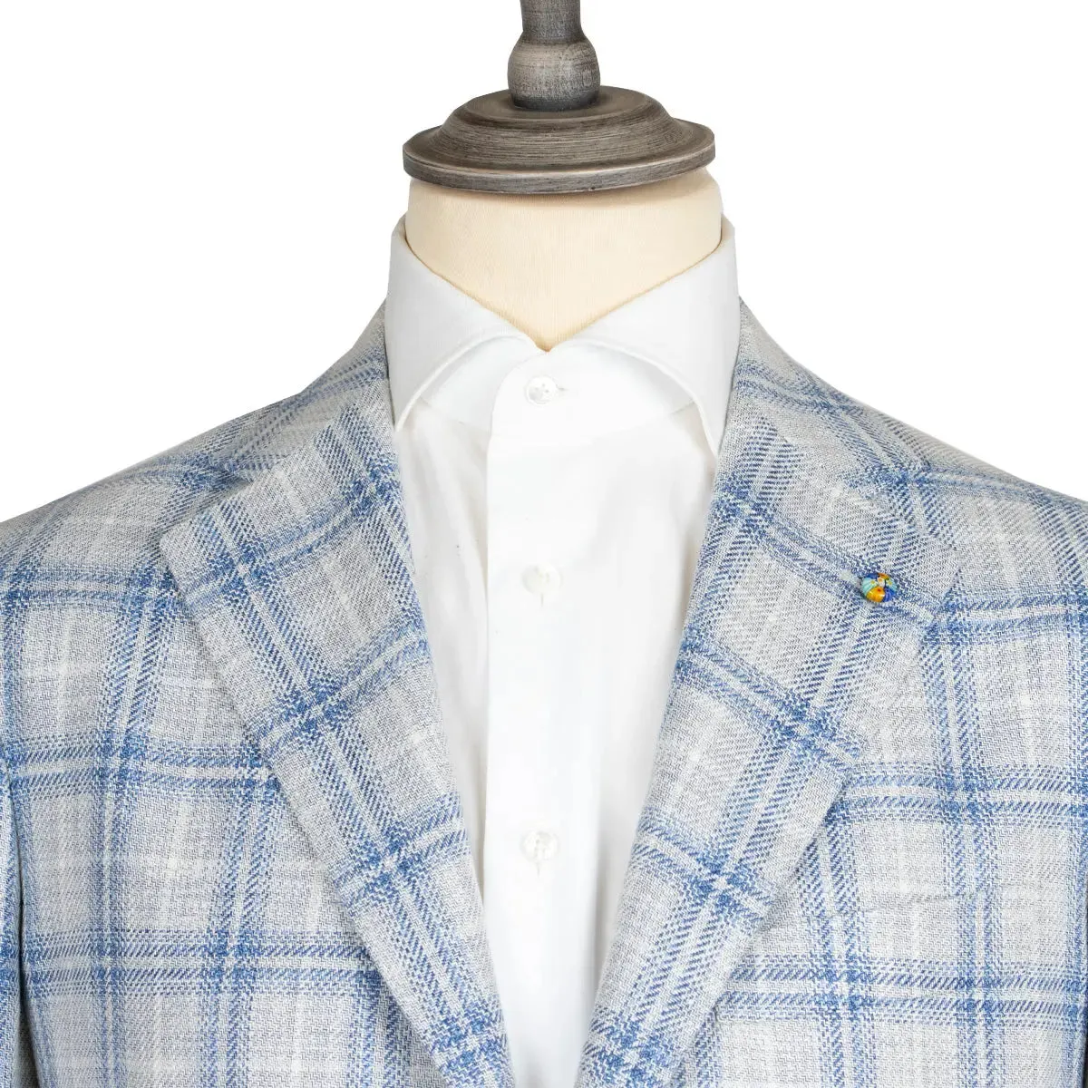 Cream & Blue Check Cotton, Linen, & Wool Jacket