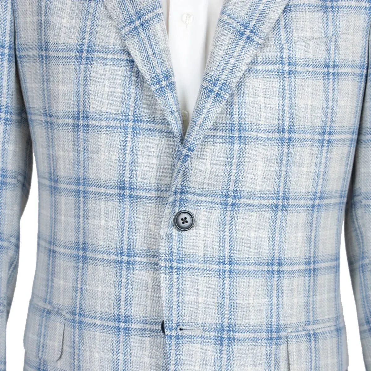 Cream & Blue Check Cotton, Linen, & Wool Jacket