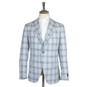 Cream & Blue Check Cotton, Linen, & Wool Jacket