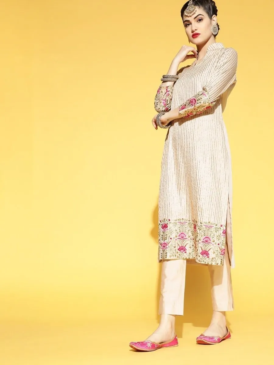 Cream Sequinned Embroidered Kurta with Pants and Net Dupatta