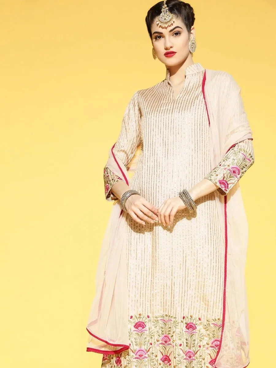 Cream Sequinned Embroidered Kurta with Pants and Net Dupatta