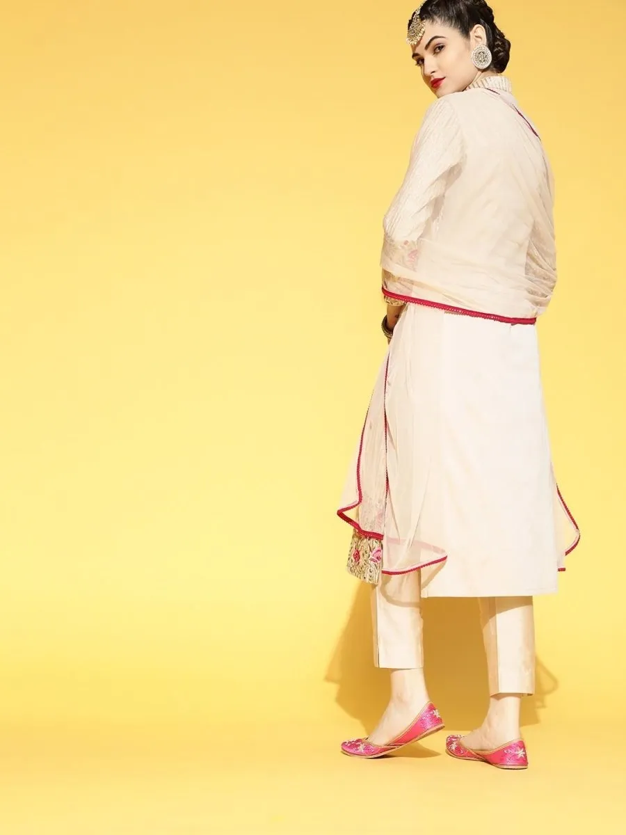 Cream Sequinned Embroidered Kurta with Pants and Net Dupatta