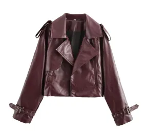 Cropped Burgundy Faux Leather Jacket