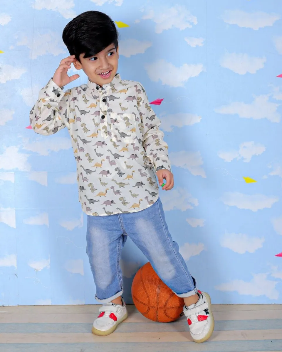 Cute Dino All Over Print Boys Short Shirt