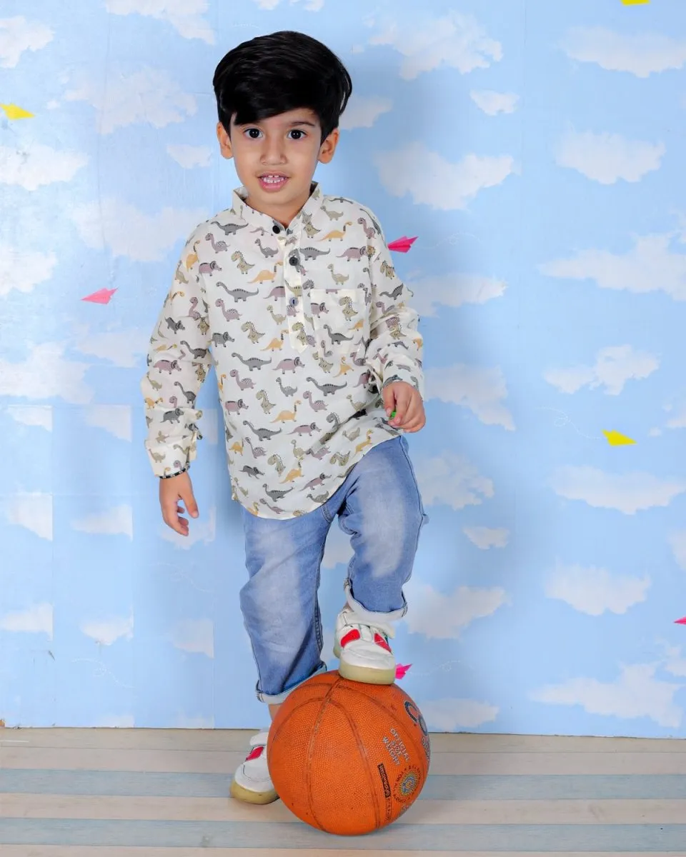 Cute Dino All Over Print Boys Short Shirt