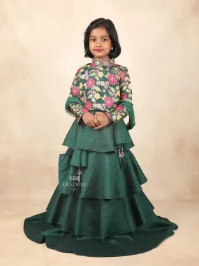 Dark Green Kids Raw Silk Gown Adorned with Floral and Mirror Design with Dupatta