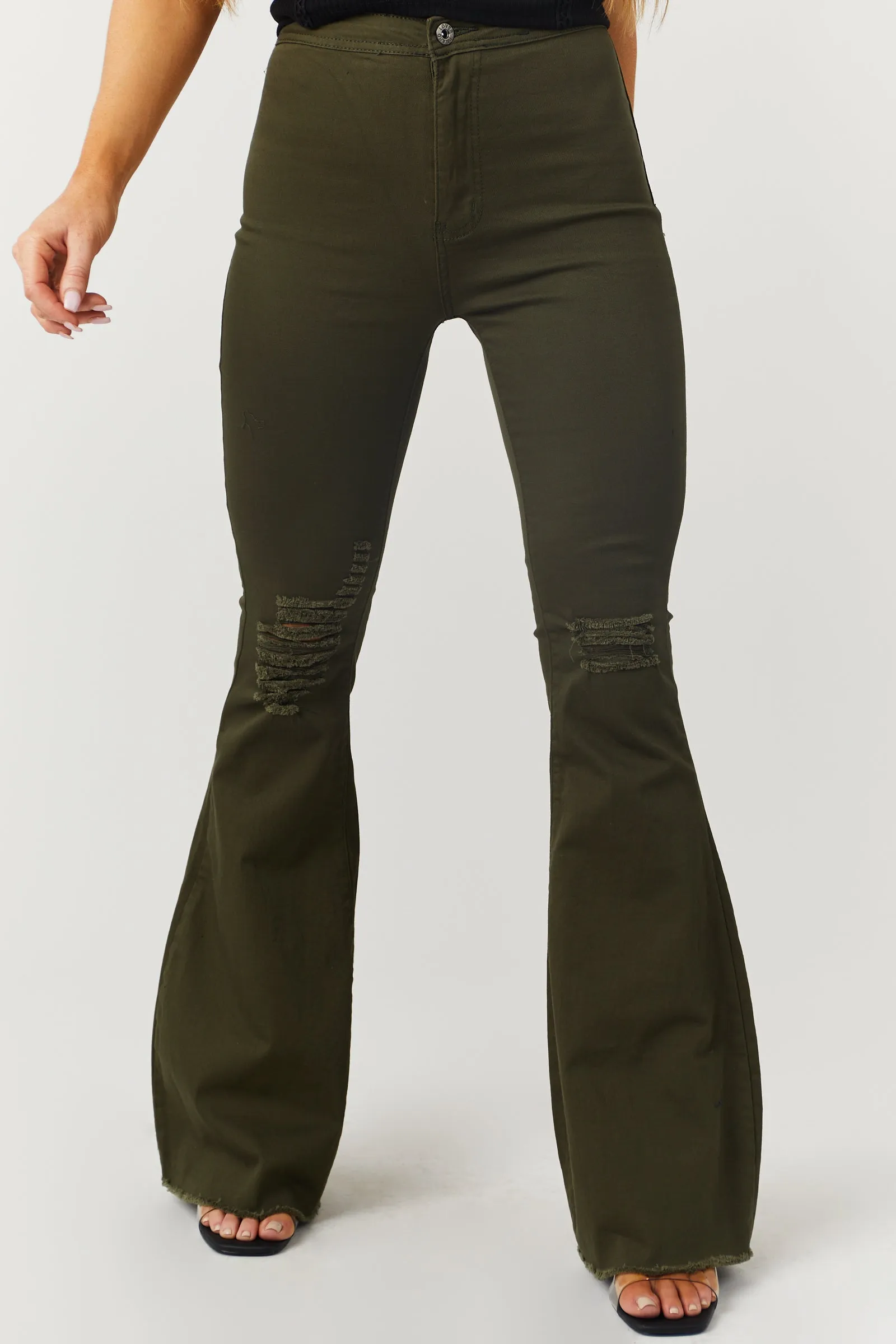 Denim Zone Hazel Dark Olive High Rise Flare Jeans