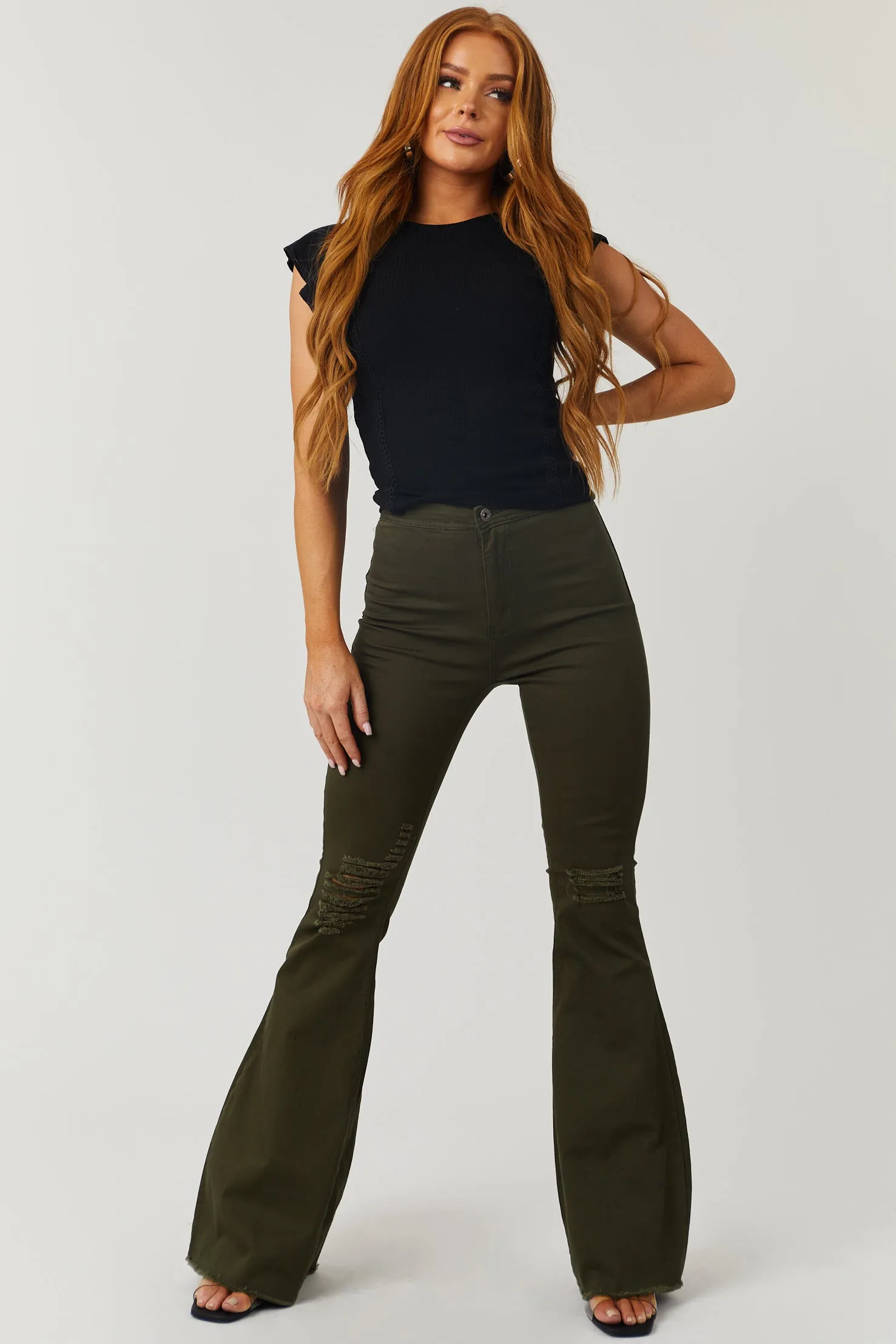 Denim Zone Hazel Dark Olive High Rise Flare Jeans