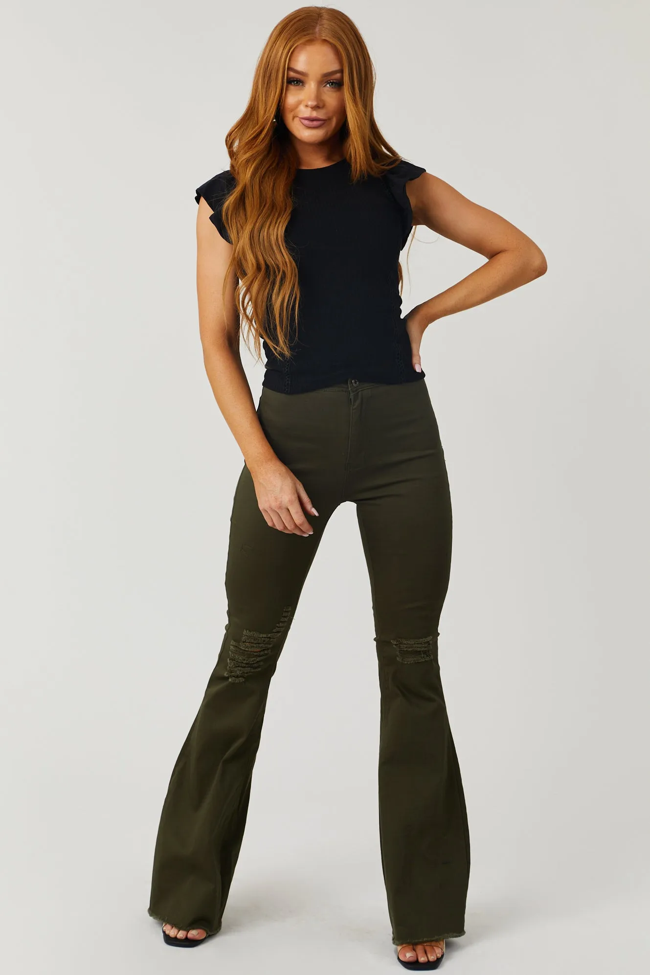 Denim Zone Hazel Dark Olive High Rise Flare Jeans