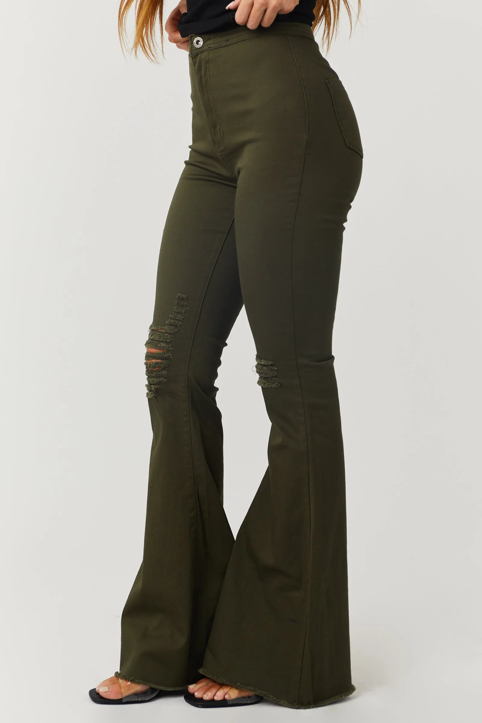 Denim Zone Hazel Dark Olive High Rise Flare Jeans