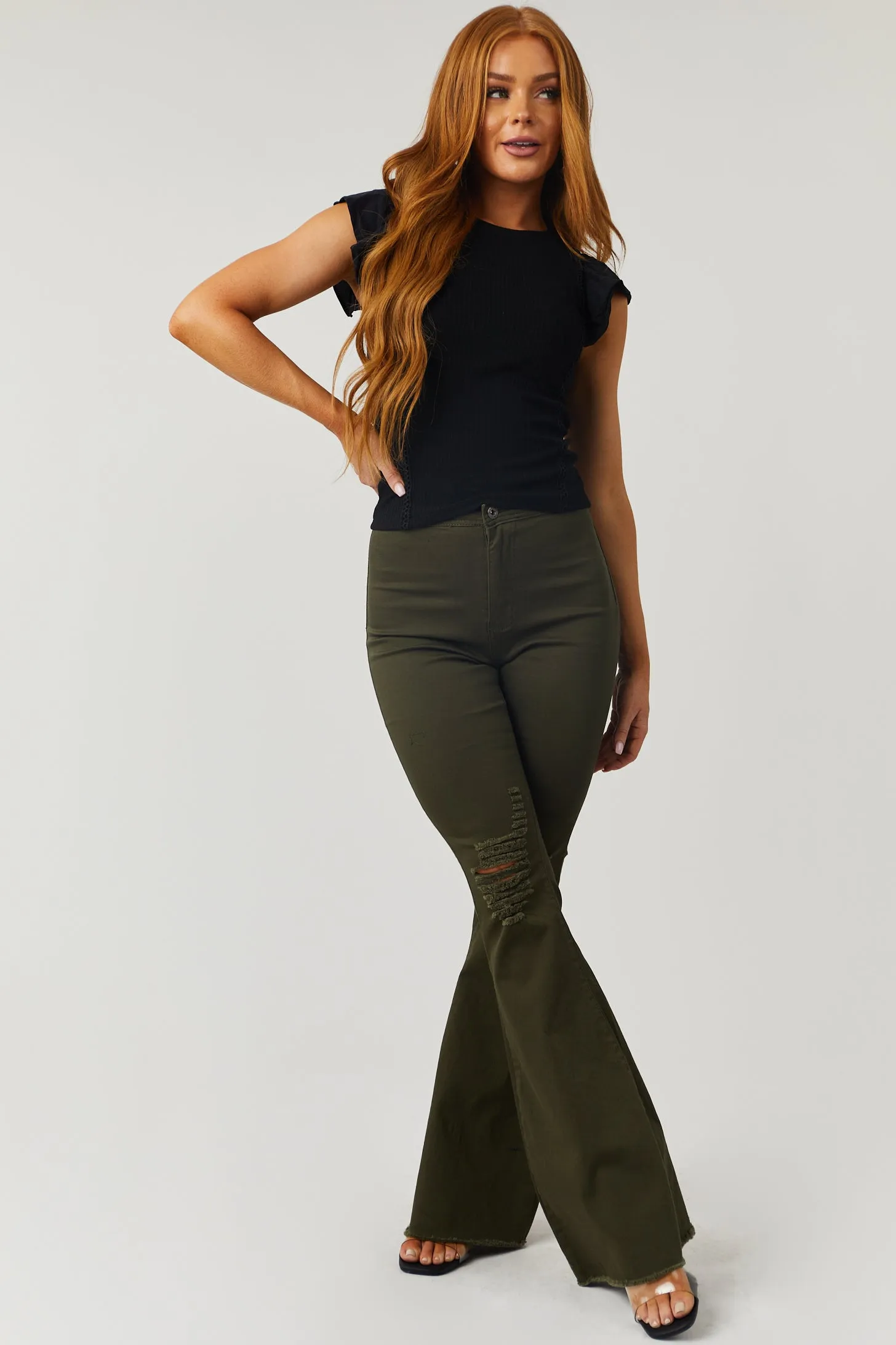 Denim Zone Hazel Dark Olive High Rise Flare Jeans