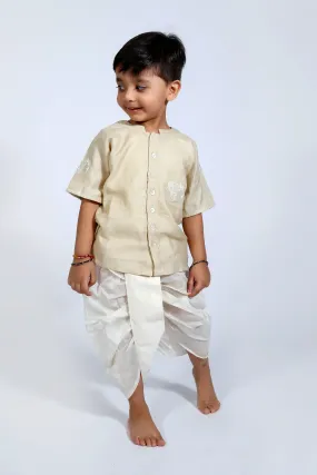 Designer Chanderi Short Ethnic Shirt Style Kurta Set with Dhoti for Boys  - Beige