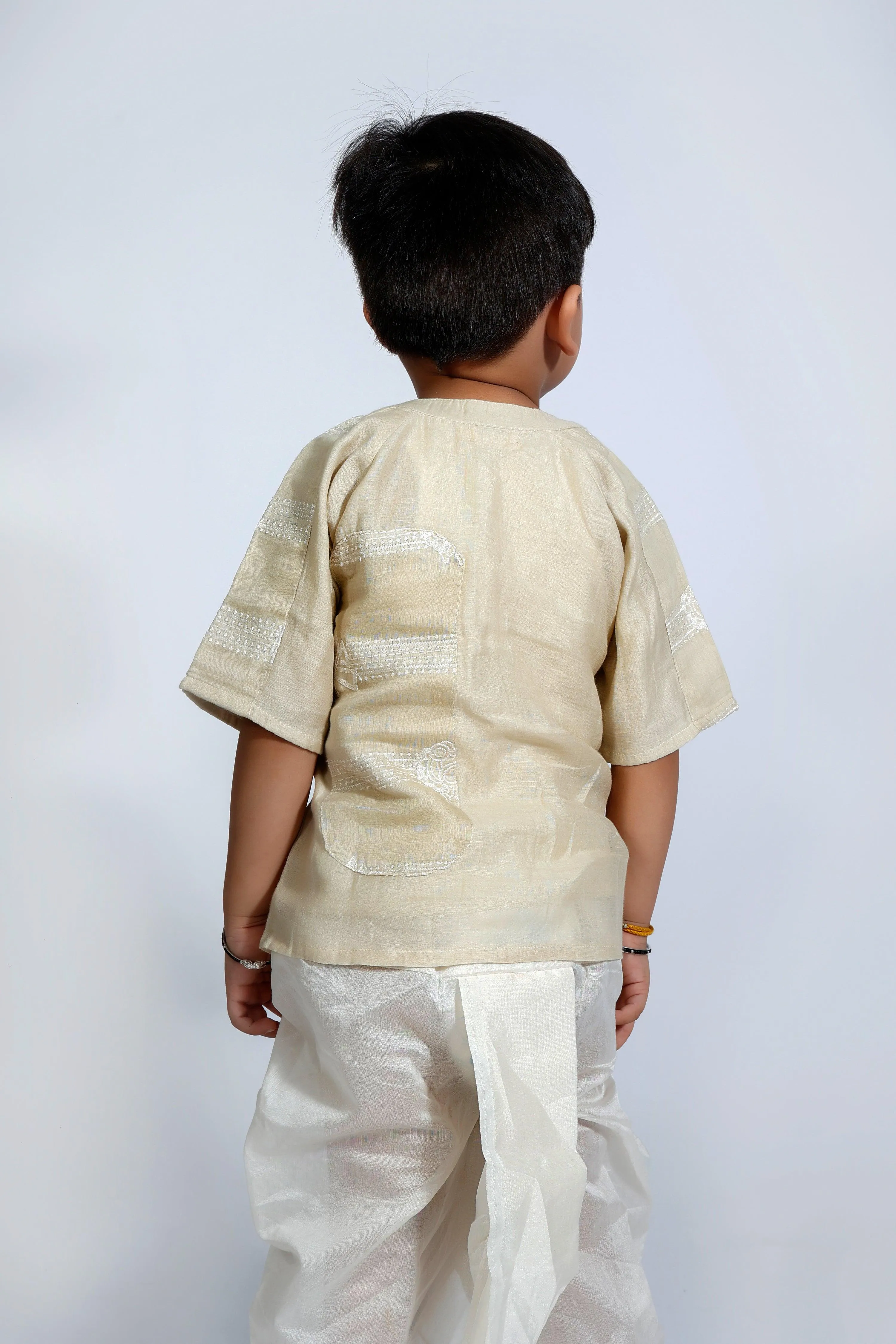 Designer Chanderi Short Ethnic Shirt Style Kurta Set with Dhoti for Boys  - Beige