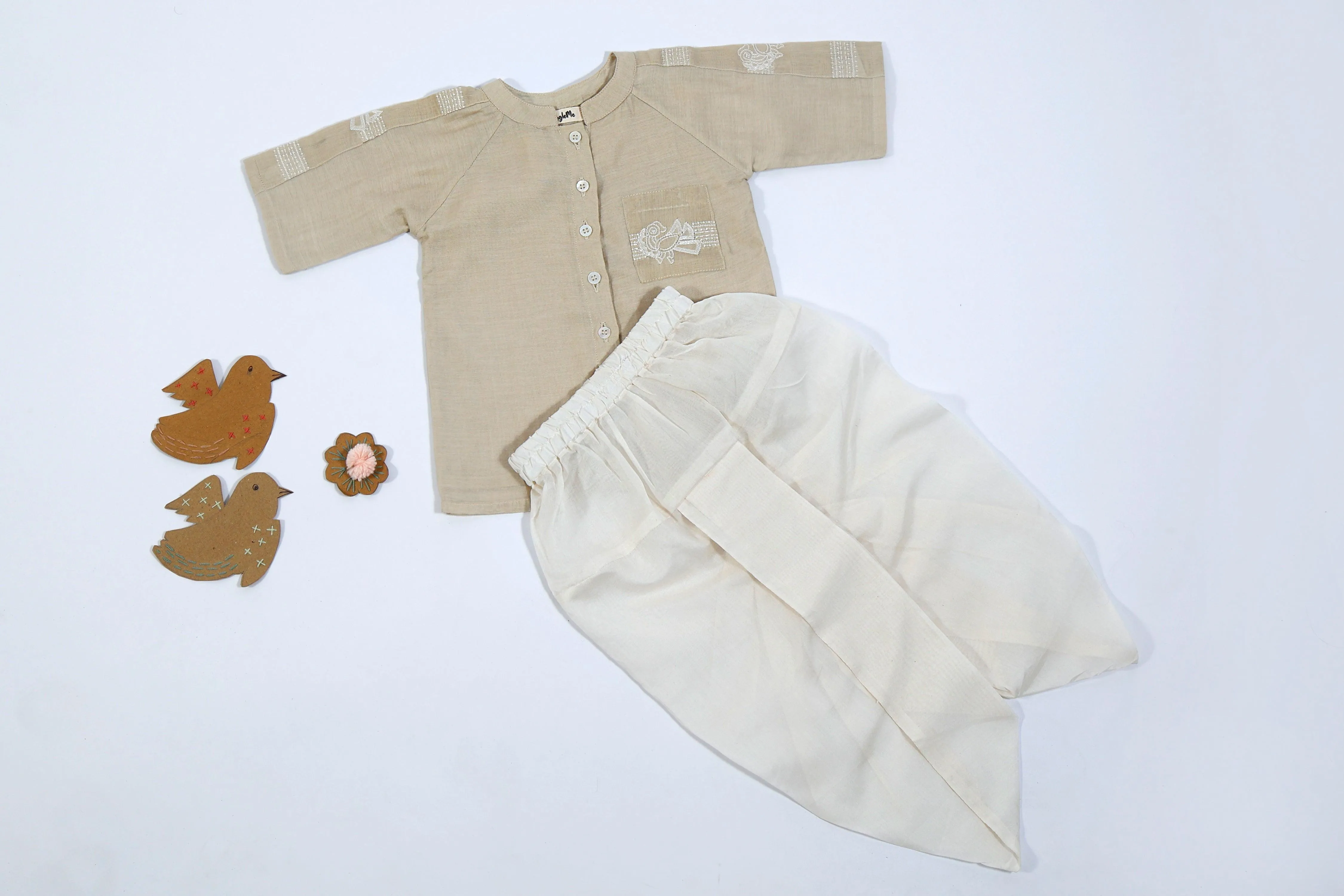 Designer Chanderi Short Ethnic Shirt Style Kurta Set with Dhoti for Boys  - Beige