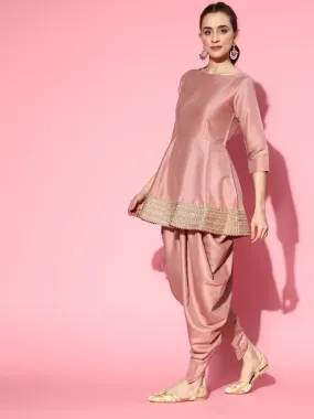 Dirty Pink Panelled Kurta with Dhoti Pants and Organza Dupatta