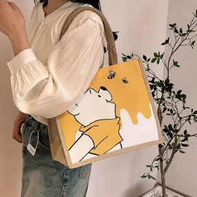 Disney Winnie The Pooh Shoulder Bag Cartoon Commuting Tote Bag Large Capacity Women's Handheld Bento Bag