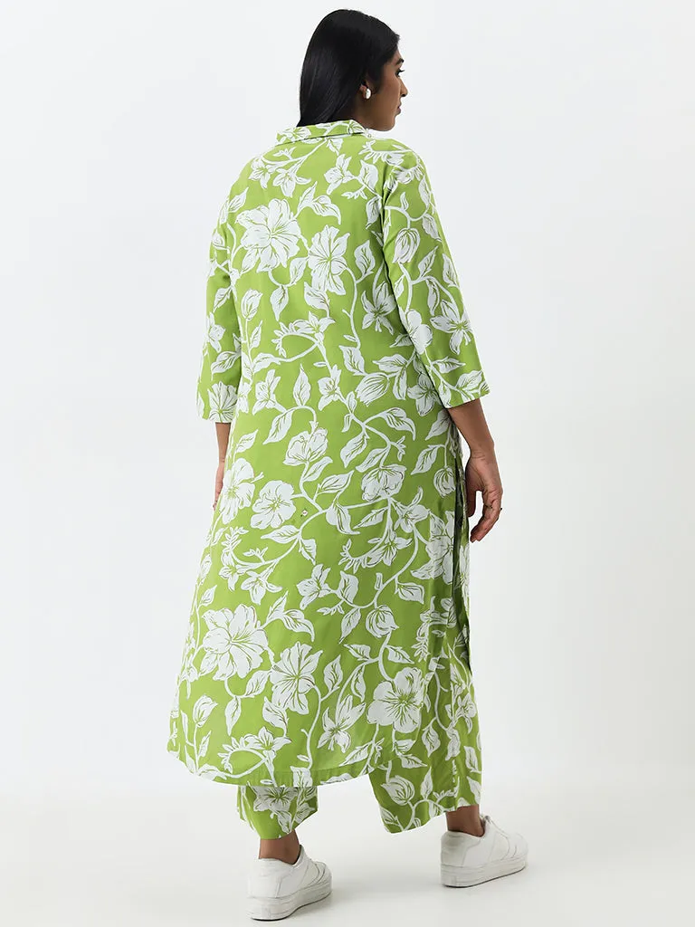 Diza Green Floral Patterned A-Line Cotton Kurta