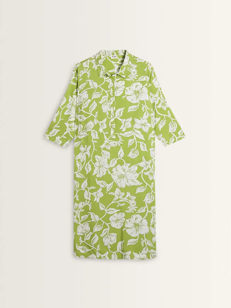 Diza Green Floral Patterned A-Line Cotton Kurta