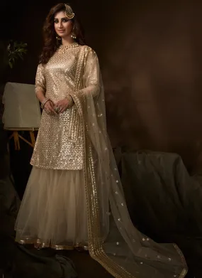 Dusky Beige Color Embroidered Designer Net Palazzo Suit