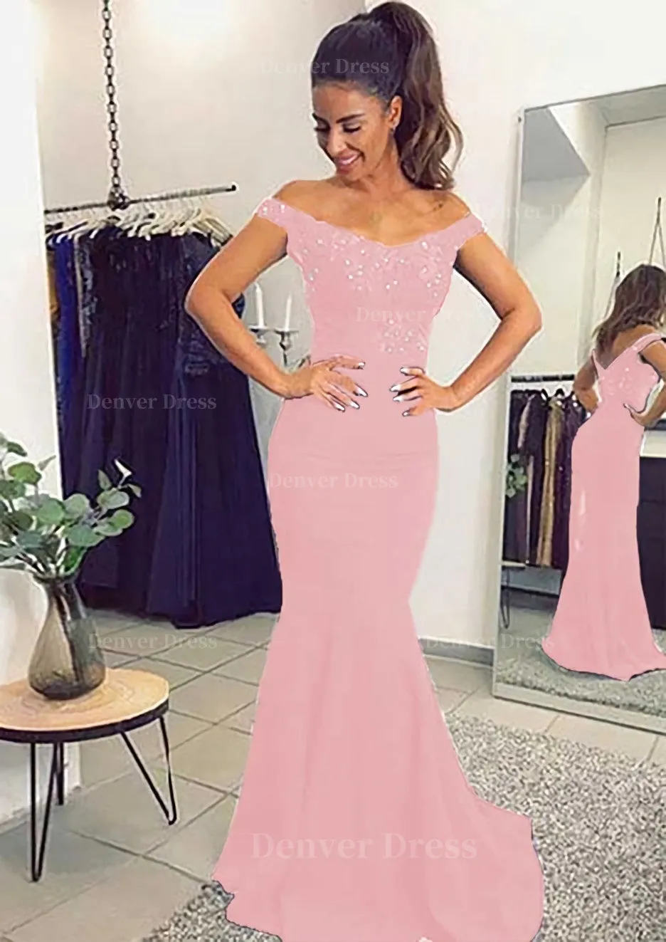 Elastic Satin Prom Dress Trumpet/Mermaid Off-The-Shoulder Sweep Train With Lace