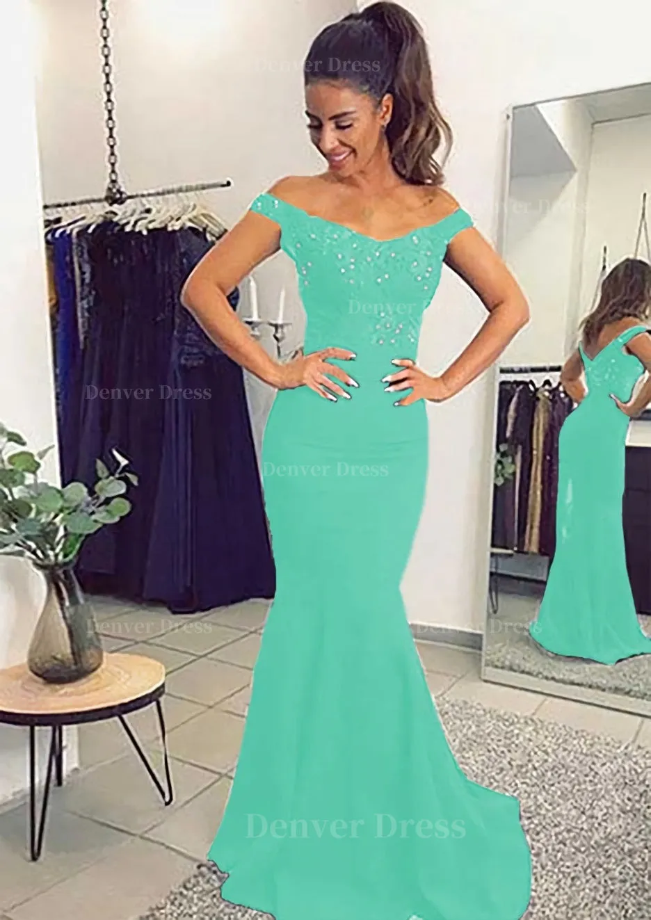 Elastic Satin Prom Dress Trumpet/Mermaid Off-The-Shoulder Sweep Train With Lace