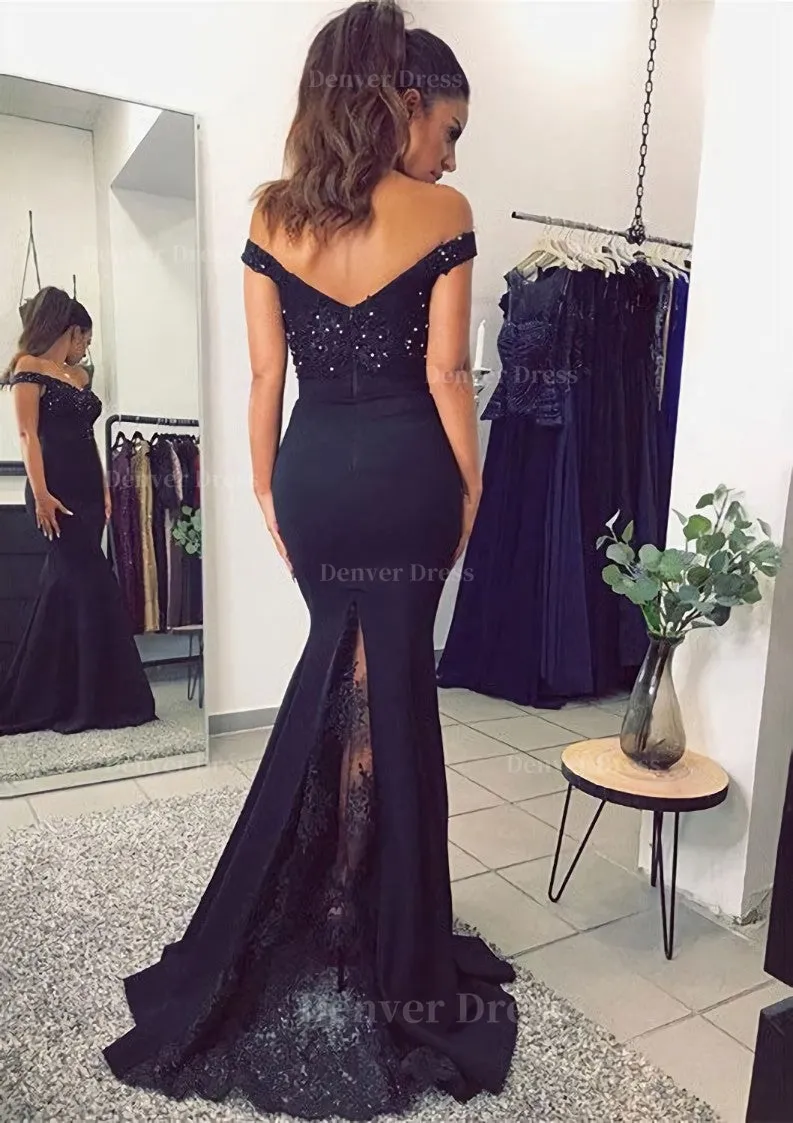 Elastic Satin Prom Dress Trumpet/Mermaid Off-The-Shoulder Sweep Train With Lace