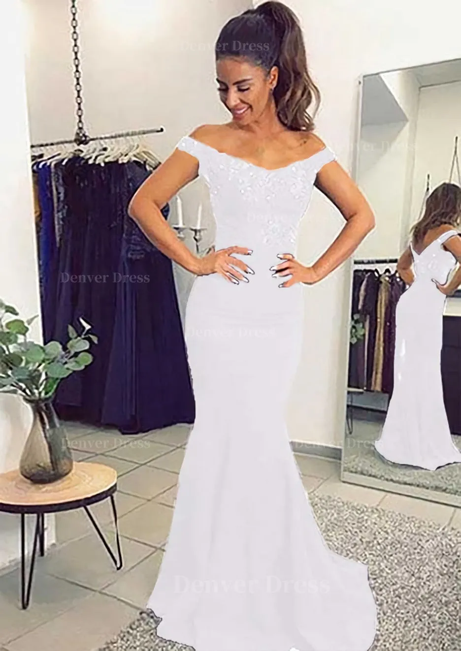 Elastic Satin Prom Dress Trumpet/Mermaid Off-The-Shoulder Sweep Train With Lace