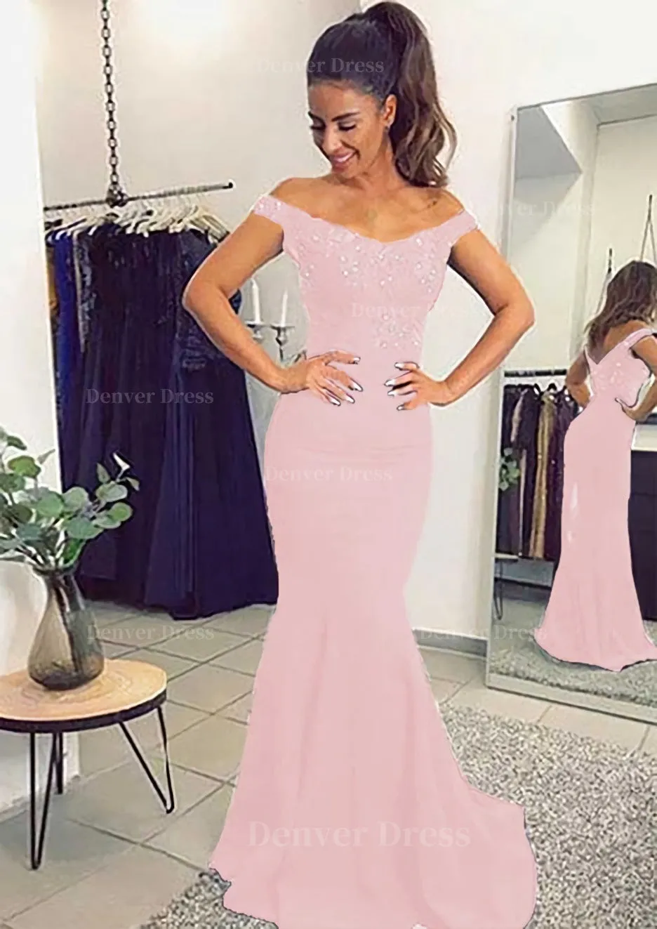 Elastic Satin Prom Dress Trumpet/Mermaid Off-The-Shoulder Sweep Train With Lace